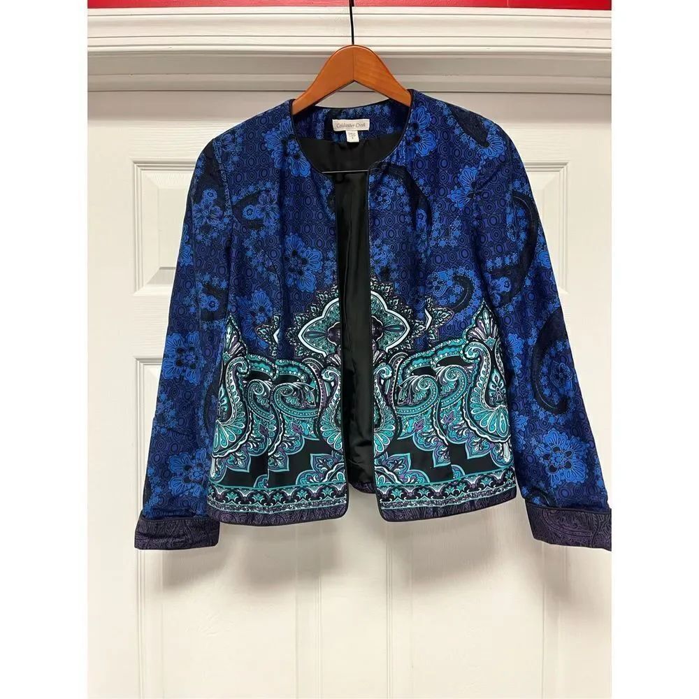 Coldwater Creek Blue & Green Paisley Open Front Cotton Jacket sz 8 EUC